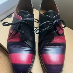Fluevog Manhattan striped asymmetrical Derby s